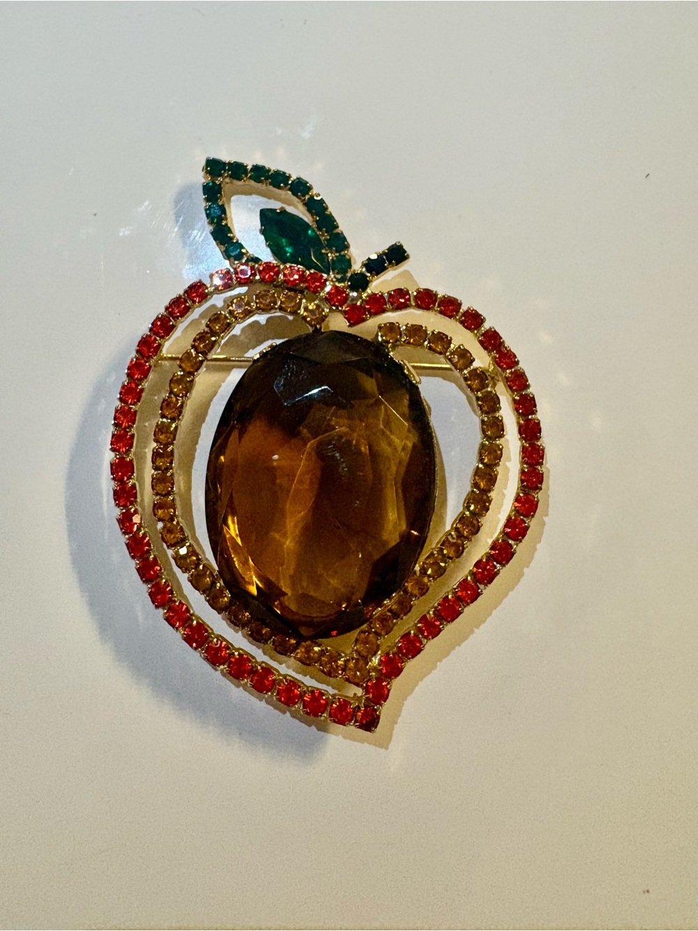 Vintage Oversized Rhinestone Apple Brooch • Gold Tone Fall Fruit Pin